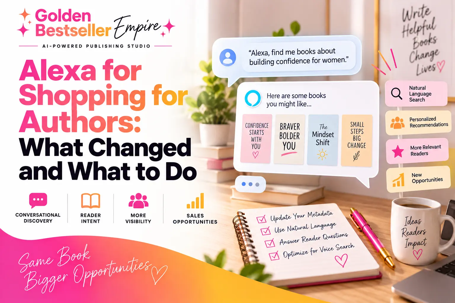 Alexa for Shopping guide for authors by Gundi Gabrielle of Golden Bestseller Empire, showing a chat where a reader asks Alexa to find books about building confidence for women and gets book suggestions