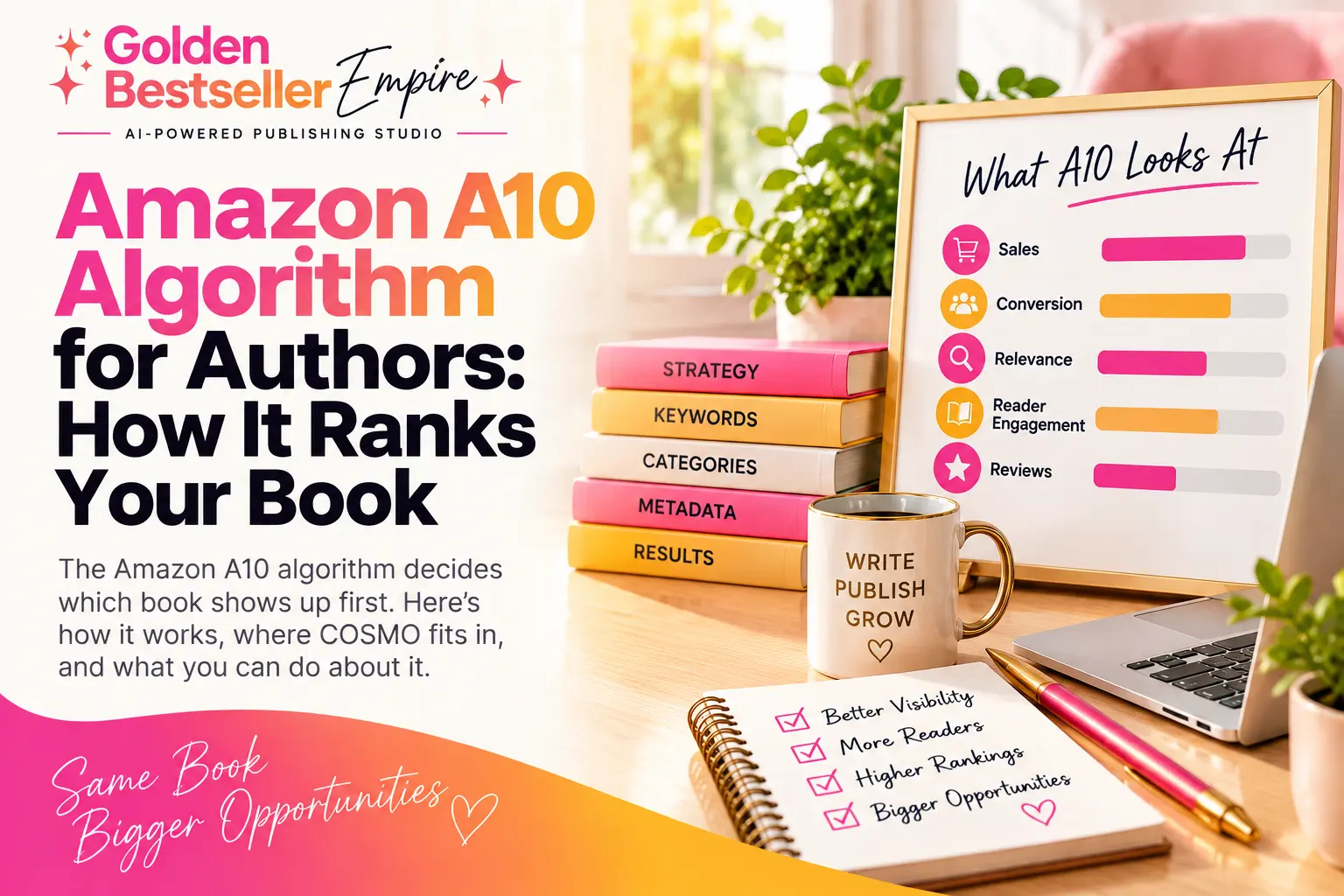 Amazon ranking factors guide cover by Gundi Gabrielle of Golden Bestseller Empire, showing a board of what the algorithm looks at: sales, conversion, relevance, reader engagement and reviews, beside stacked books and a checklist notebook