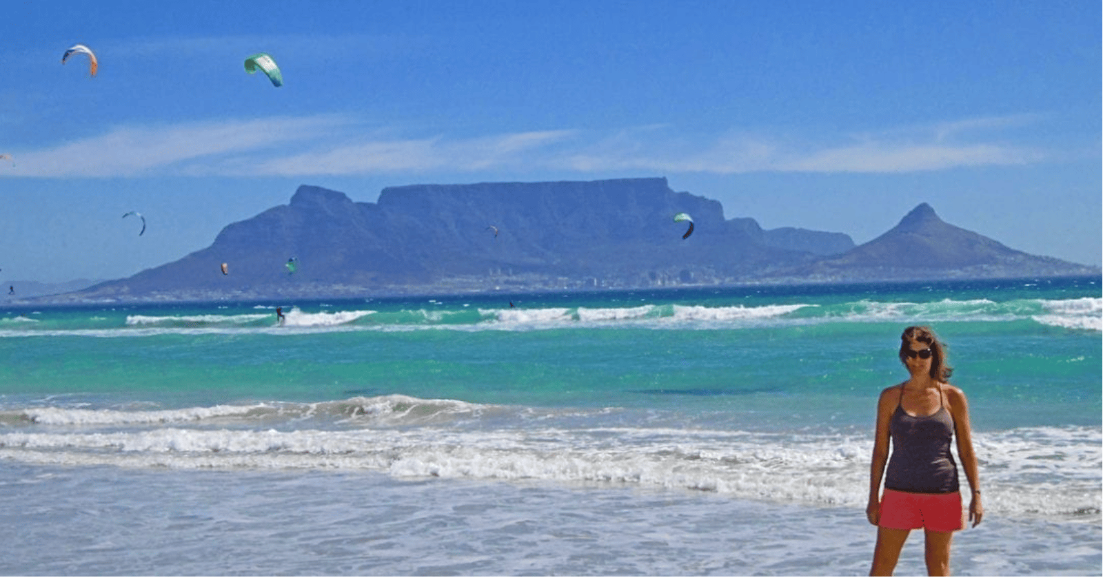 Gundi Gabrielle at the beach with Table Mountain, Cape Town, in the background