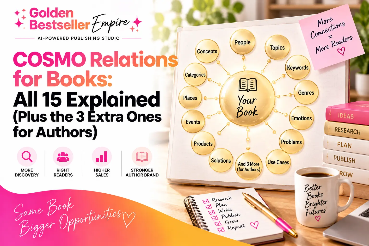 COSMO relations for books guide cover by Gundi Gabrielle of Golden Bestseller Empire, showing your book in the center of a web of connected ideas like people, topics, keywords, genres, emotions, problems and use cases