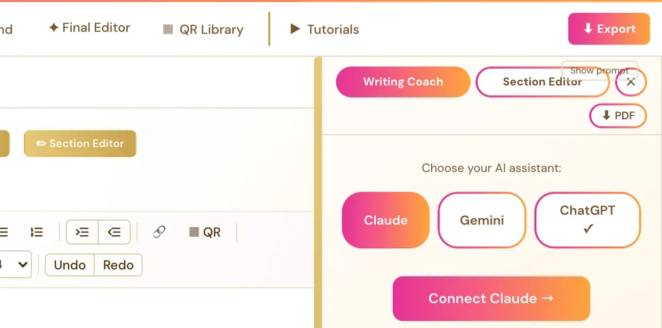 The chooser for Claude, Gemini and ChatGPT with a Connect button.