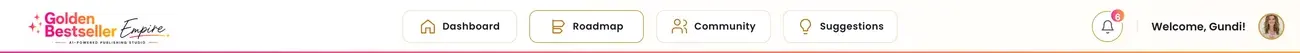 The top menu of Golden Bestseller Empire: Dashboard, Roadmap, Community and Suggestions.