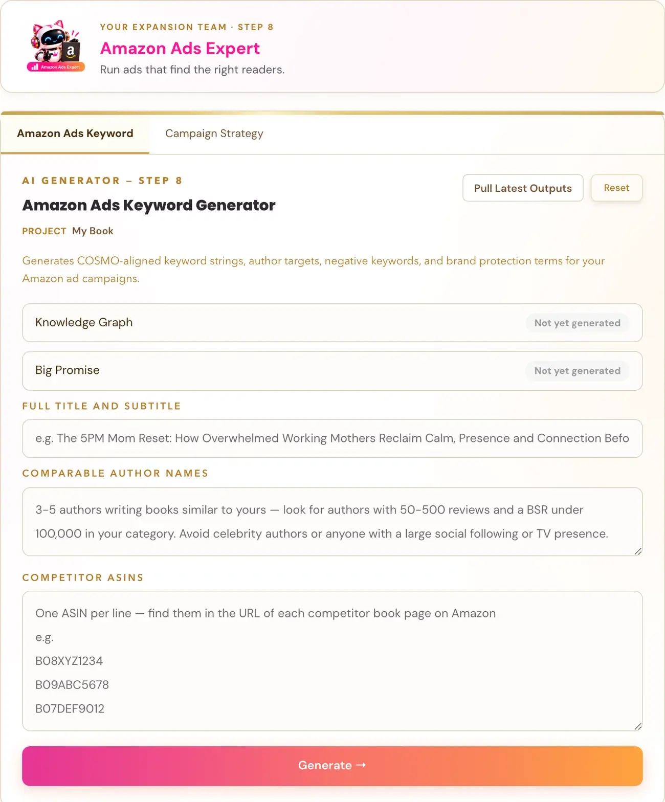 The Amazon Ads Keyword Generator in Golden Bestseller Empire, with its team character card above it.