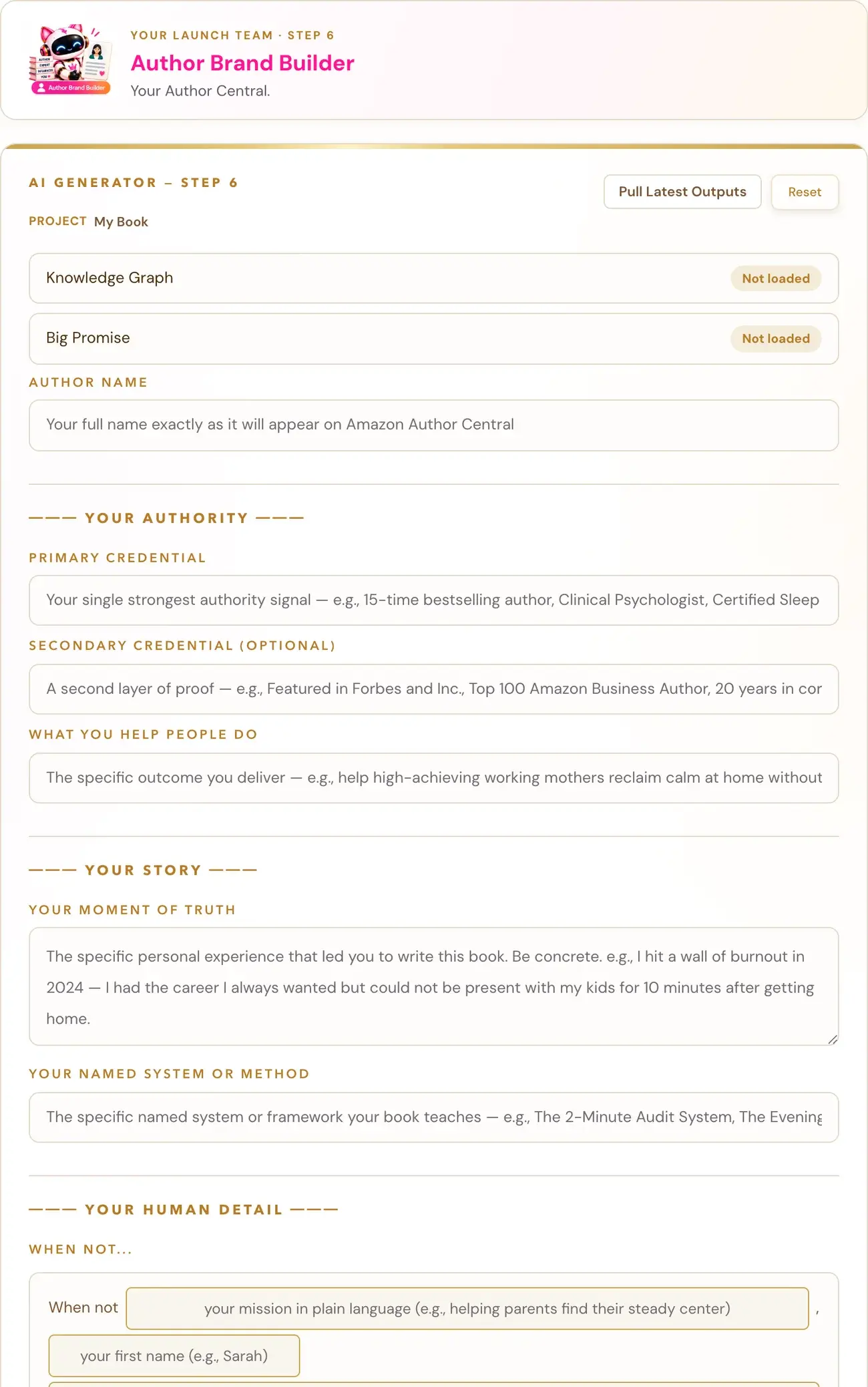 The Author Central generator in Golden Bestseller Empire, with its team character card above it.