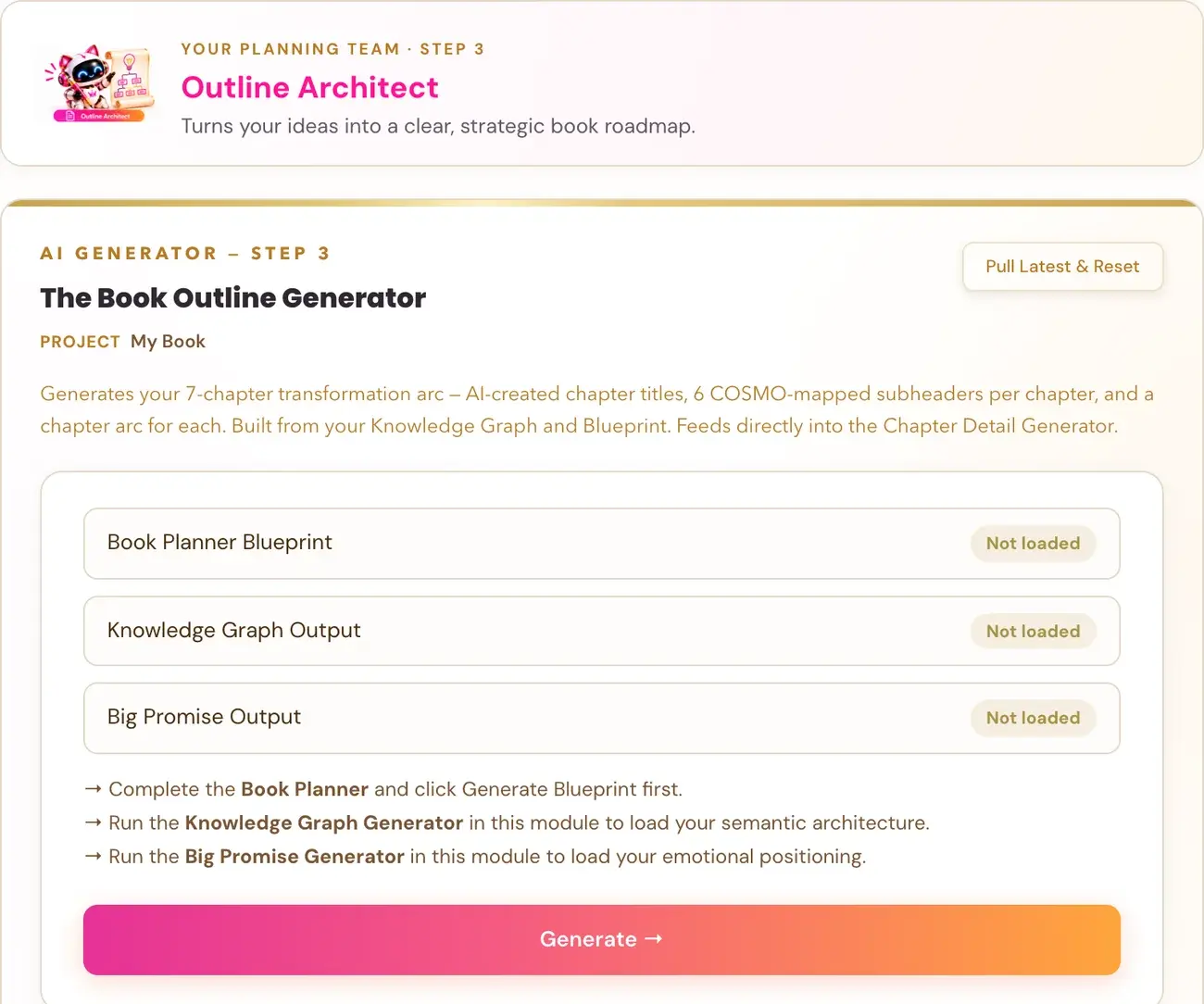 The Book Outline Generator in Golden Bestseller Empire, with its team character card above it.
