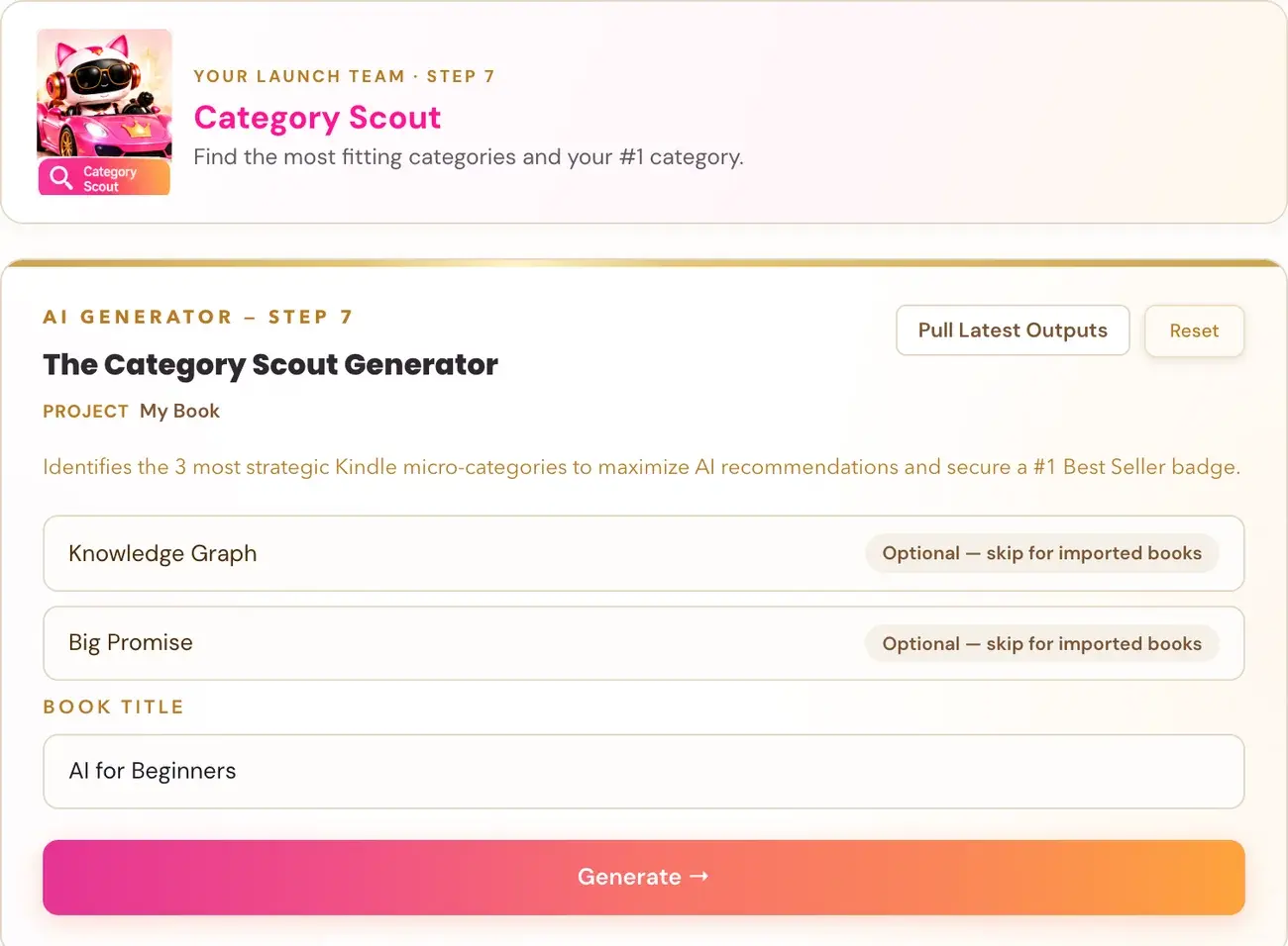 The Category Scout Generator in Golden Bestseller Empire, with its team character card above it.