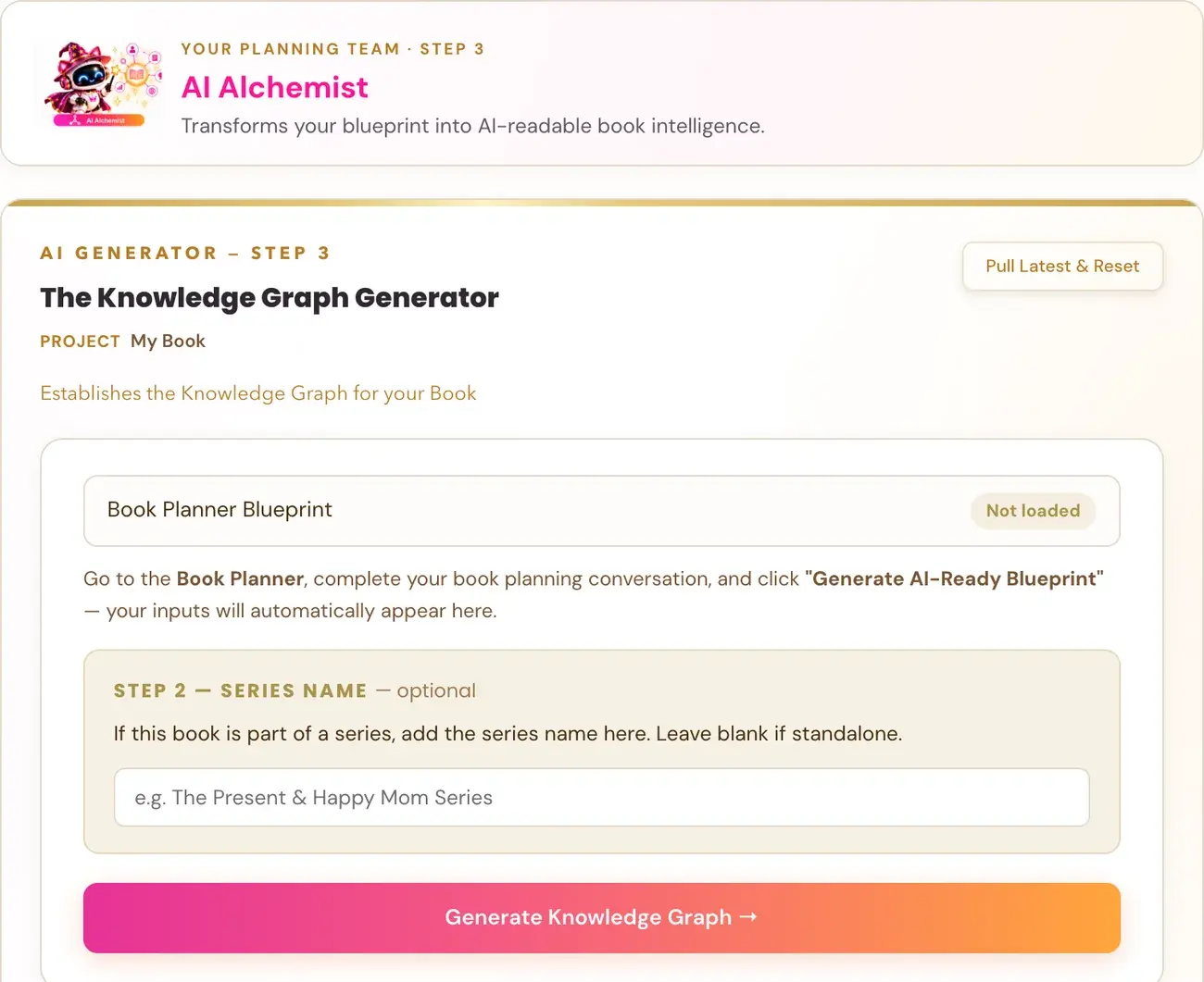 The Knowledge Graph Generator in Golden Bestseller Empire, with its team character card above it.
