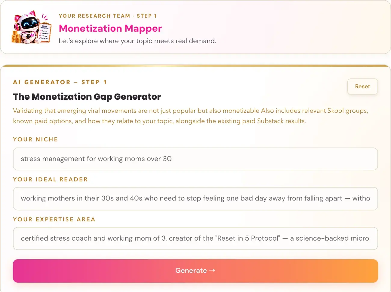 The Monetization Gap Generator in Golden Bestseller Empire, with its team character card above it.