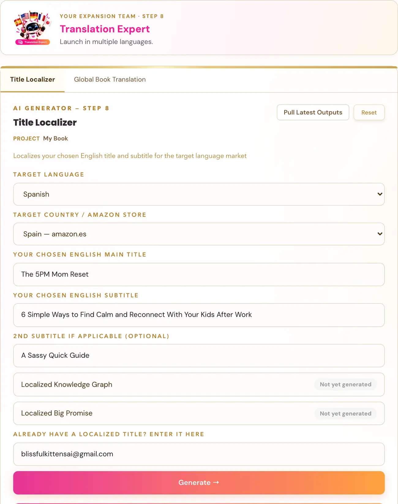 The Title Localizer in Golden Bestseller Empire, with its team character card above it.
