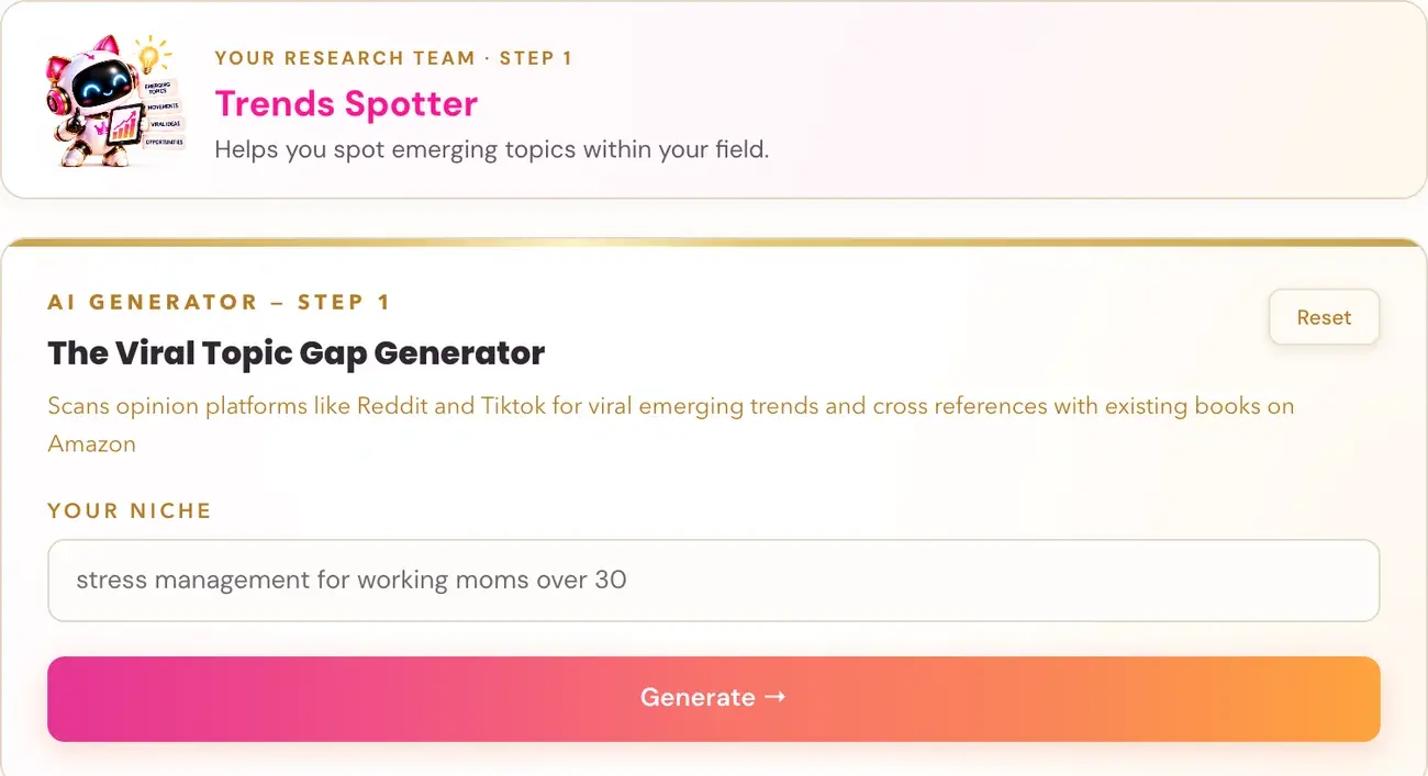 The Viral Topic Gap Generator in Golden Bestseller Empire, with its team character card above it.