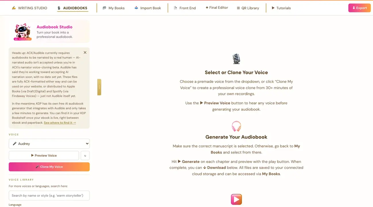 The Audiobooks tab, called Audiobook Studio, in the Writing Studio.
