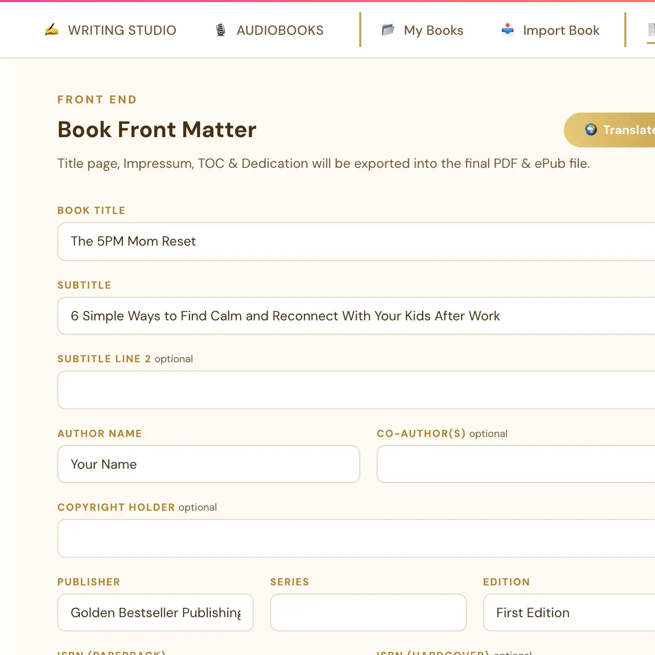 The Front End tab in the Writing Studio.