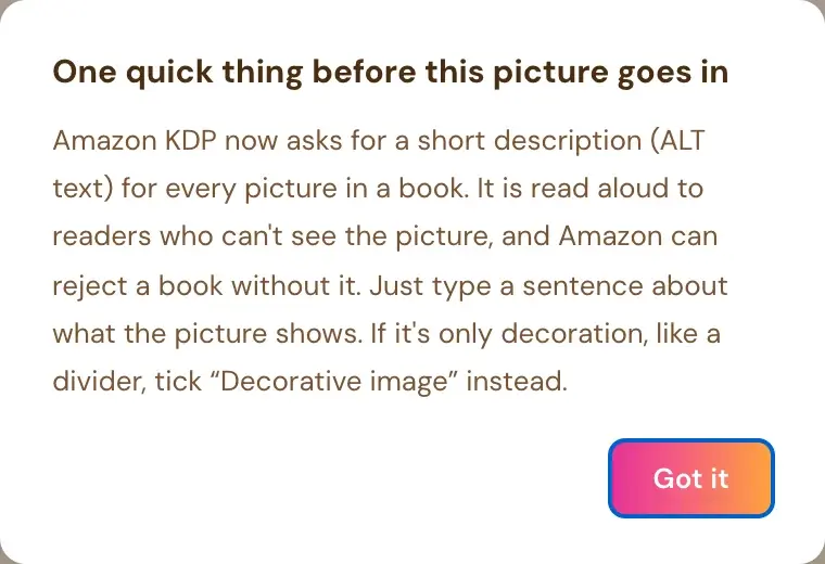 The popup that explains why ALT text is needed before a picture is added.
