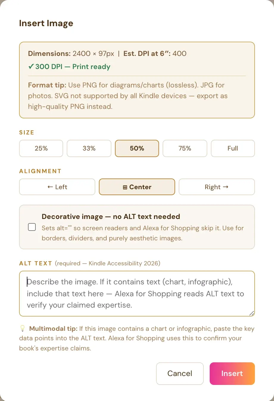 The Insert Image window showing the print-ready check, size buttons, alignment buttons, the Decorative image option and the ALT text box.