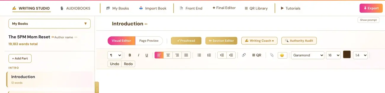 The top of the Writing Studio, with the tab row, the mode buttons and the editor toolbar.