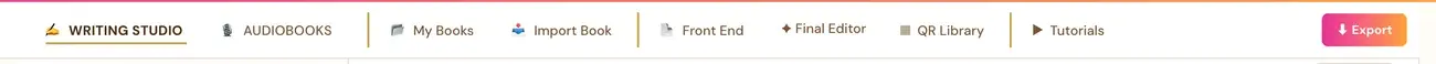 The top tab row of the Writing Studio. The Export button sits at the far right of this row.
