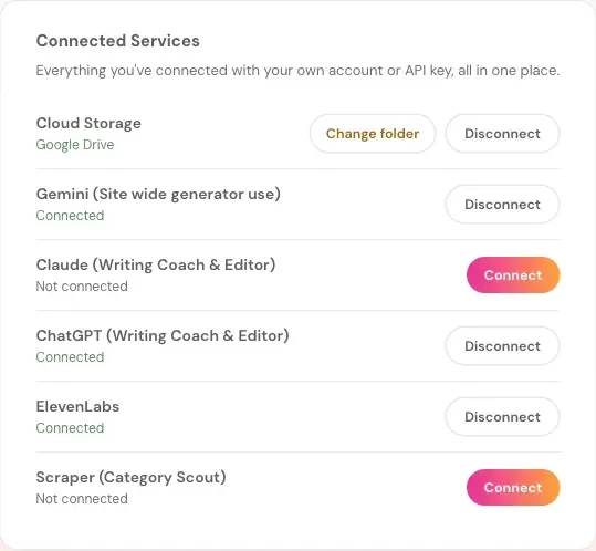 Connected Services in your profile, with Cloud Storage showing Google Drive and the Change folder and Disconnect buttons.