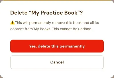 The confirmation window: Delete "My Practice Book"? with Yes, delete this permanently and Cancel.