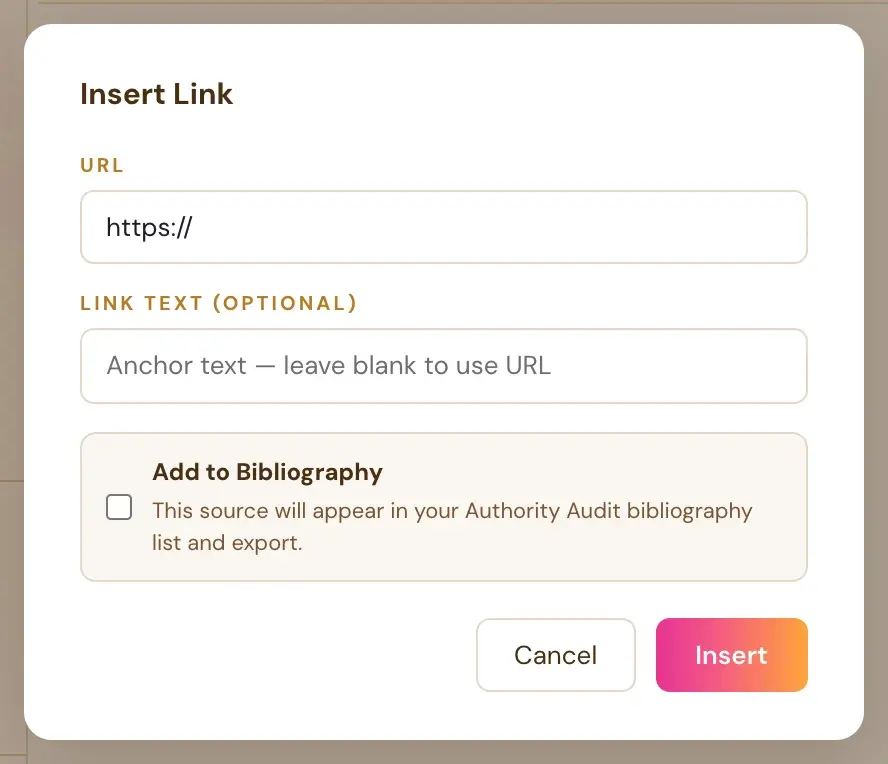 The Insert Link window in the Writing Studio.