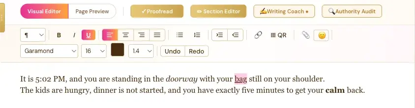 The Visual Editor with "doorway" in italic, "bag" underlined and "calm" in bold.
