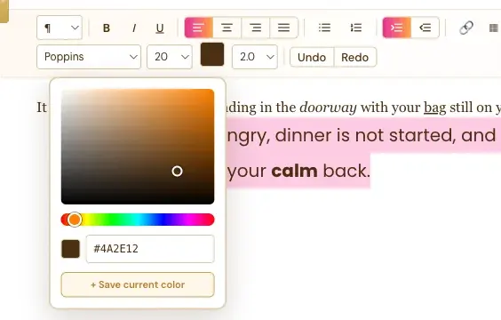 The color picker with the gradient square, the hue slider, the hex code box and the Save current color button.
