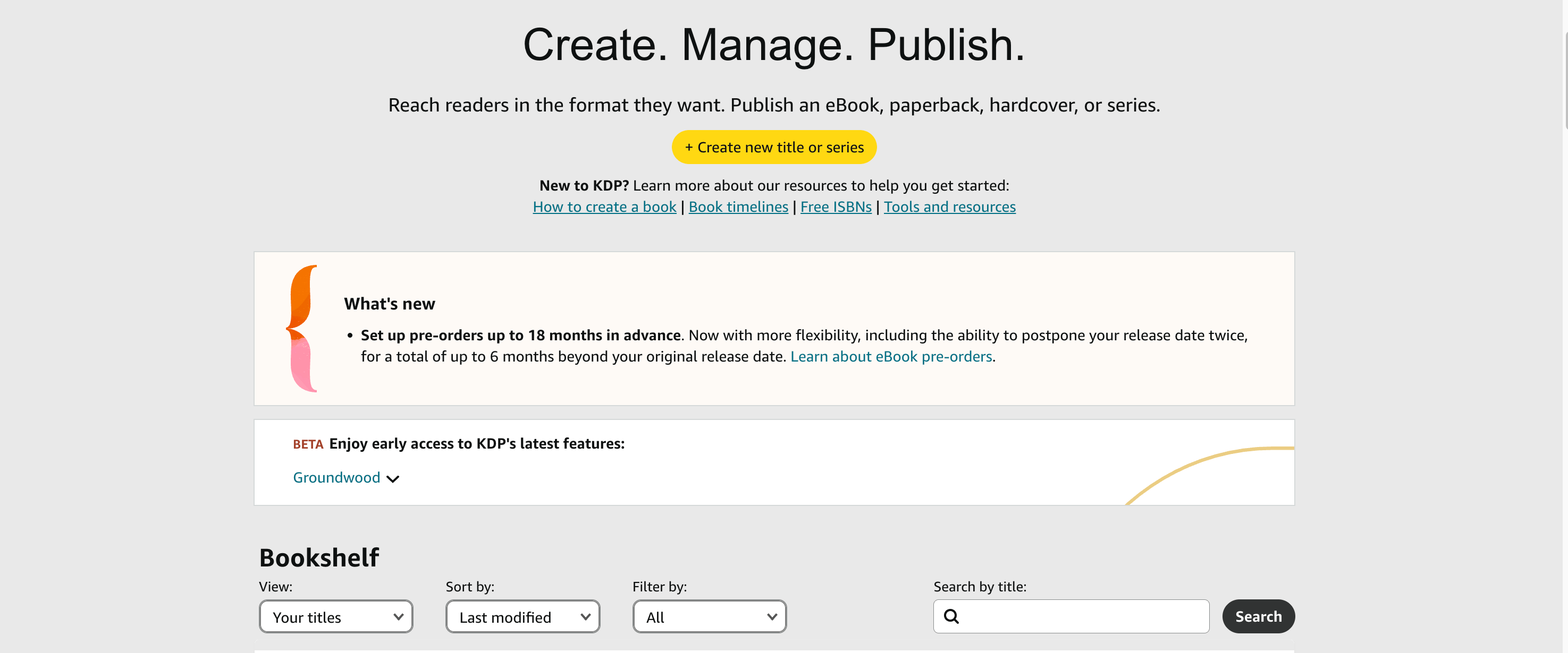 KDP Bookshelf with the Create new title or series button, shown by Gundi Gabrielle of Golden Bestseller Empire