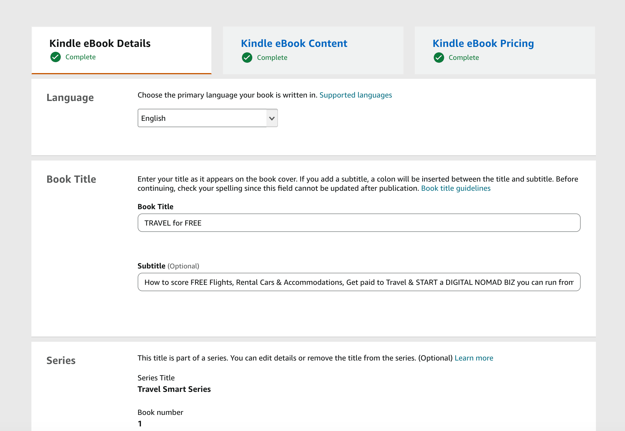 KDP Kindle eBook Details page with the Language, Title, Subtitle, and Series fields, shown by Gundi Gabrielle of Golden Bestseller Empire