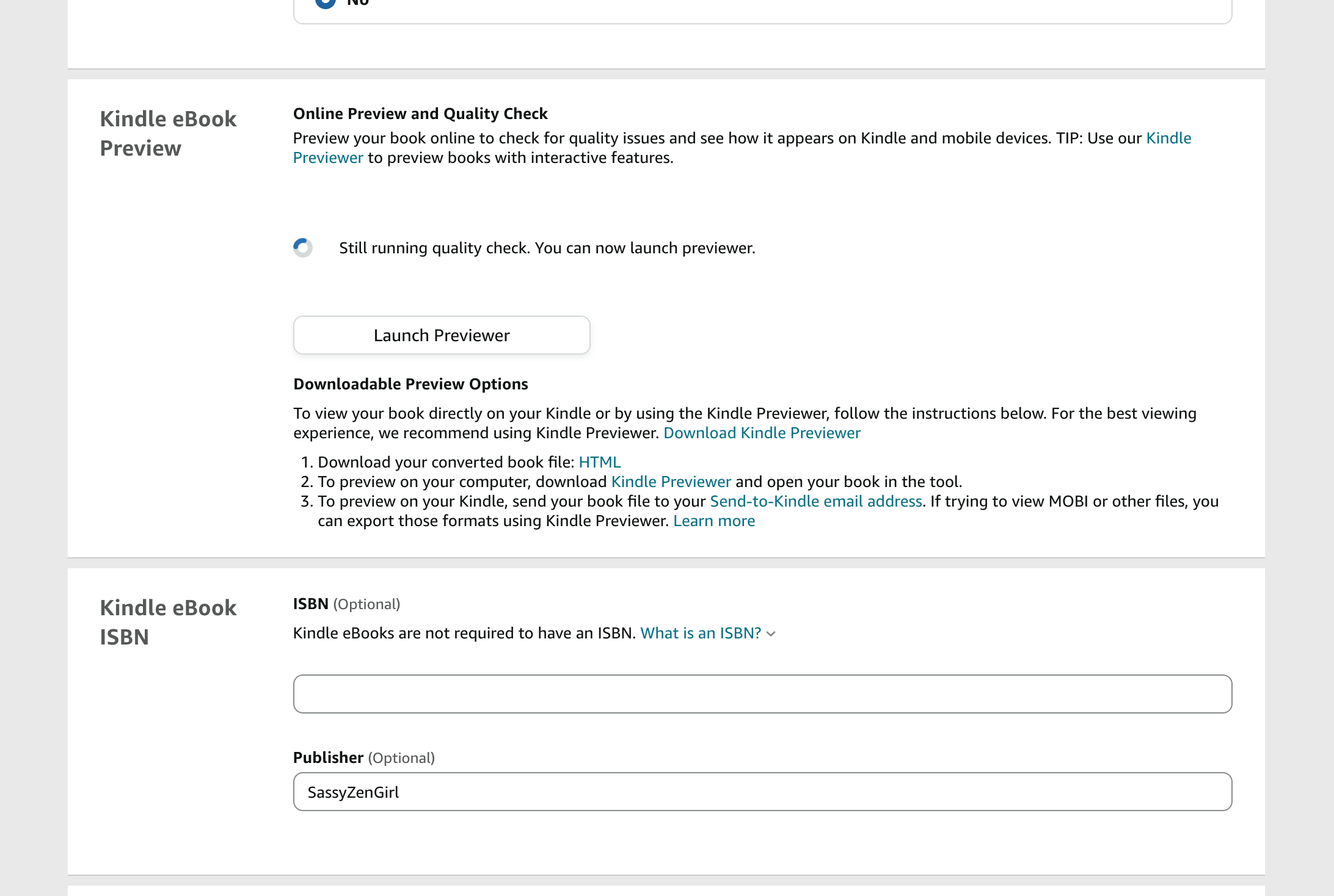 KDP Kindle eBook Content page with the Launch Previewer and optional ISBN field, shown by Gundi Gabrielle of Golden Bestseller Empire