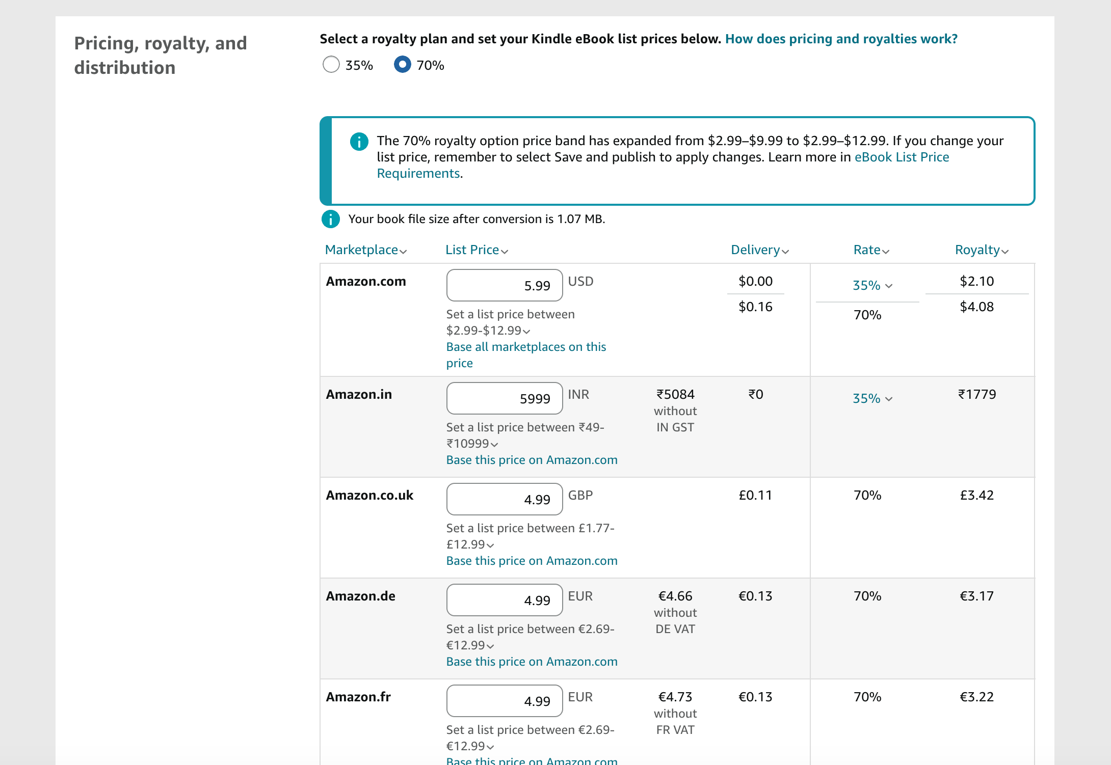KDP pricing table with the 35% and 70% royalty plans and the $2.99 to $12.99 price band, shown by Gundi Gabrielle of Golden Bestseller Empire