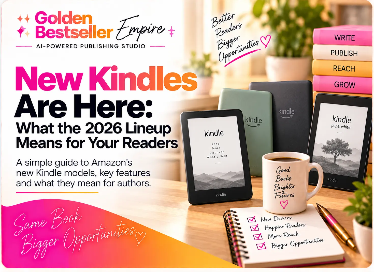 New Kindle lineup 2026 cover by Gundi Gabrielle of Golden Bestseller Empire, showing several new Kindle and Kindle Paperwhite e-readers, a coffee mug, and a checklist of new devices, happier readers, and more reach
