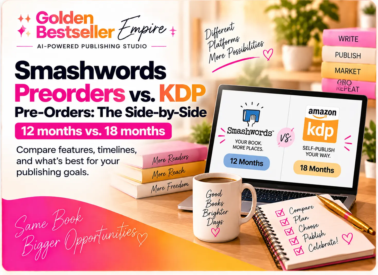 Smashwords preorders versus KDP pre-orders comparison cover by Gundi Gabrielle of Golden Bestseller Empire, showing a laptop comparing 12 months with 18 months, a stack of books, and a planning checklist
