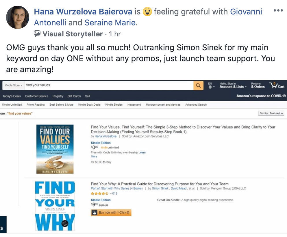 Hana Wurzelova Baierova: "OMG guys thank you all so much! Outranking Simon Sinek for my main keyword on day ONE without any promos, just launch team support. You are amazing!" — real Amazon search results screenshot showing her book "Find Your Values, Find Yourself" ranking above Simon Sinek's "Find Your Why."