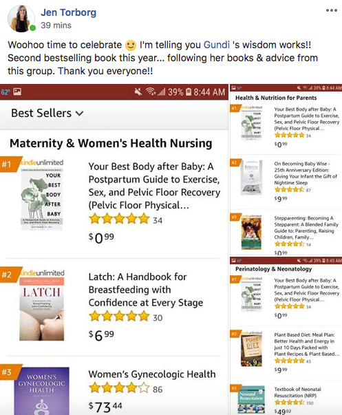 Jen Torborg: "Woohoo time to celebrate! I'm telling you Gundi's wisdom works!! Second bestselling book this year... following her books & advice from this group. Thank you everyone!!" — real Amazon Best Sellers screenshot showing her book "Your Best Body after Baby" ranked #1 in Maternity & Women's Health Nursing.