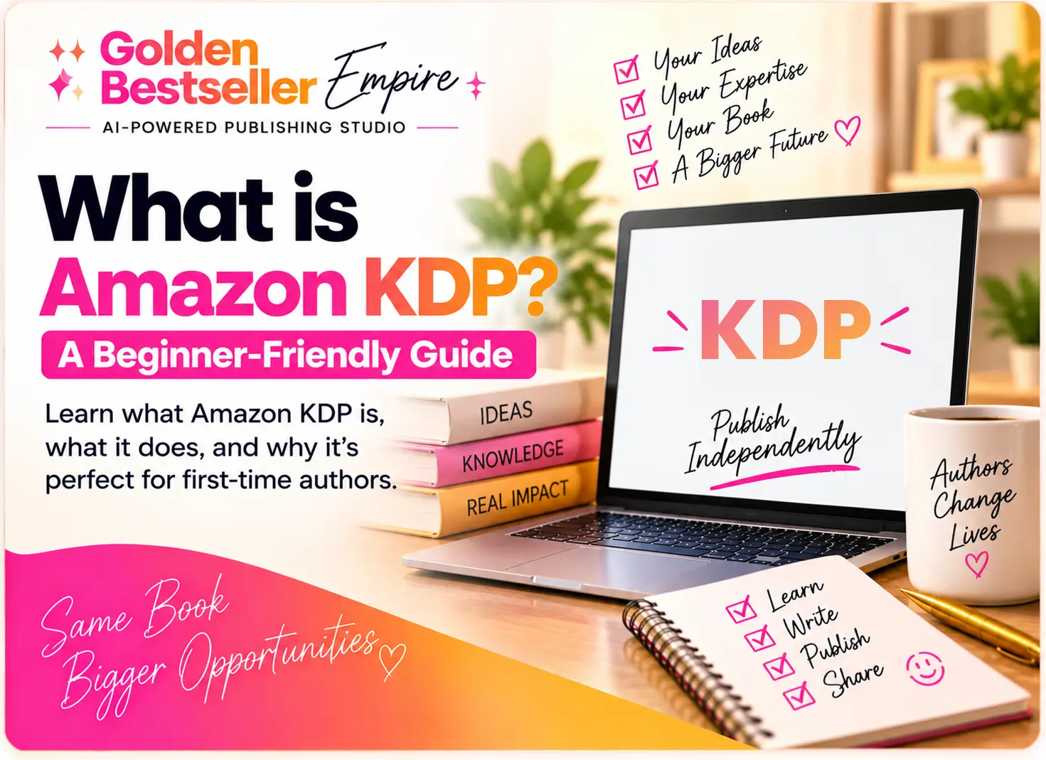What is Amazon KDP beginner guide cover by Gundi Gabrielle of Golden Bestseller Empire, showing a laptop, a stack of books labeled ideas, knowledge, and real impact, and a checklist to learn, write, publish, and share