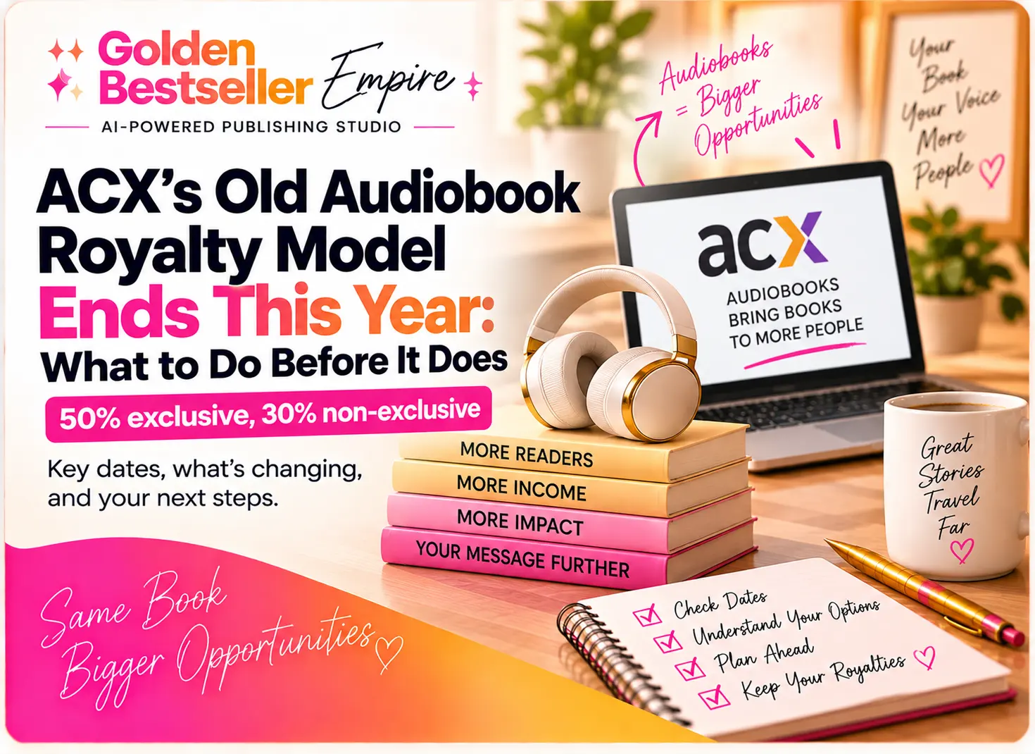 ACX royalty model update cover by Gundi Gabrielle of Golden Bestseller Empire, showing headphones on a stack of books, a laptop with the ACX logo, and a checklist to check dates, understand your options, plan ahead, and keep your royalties