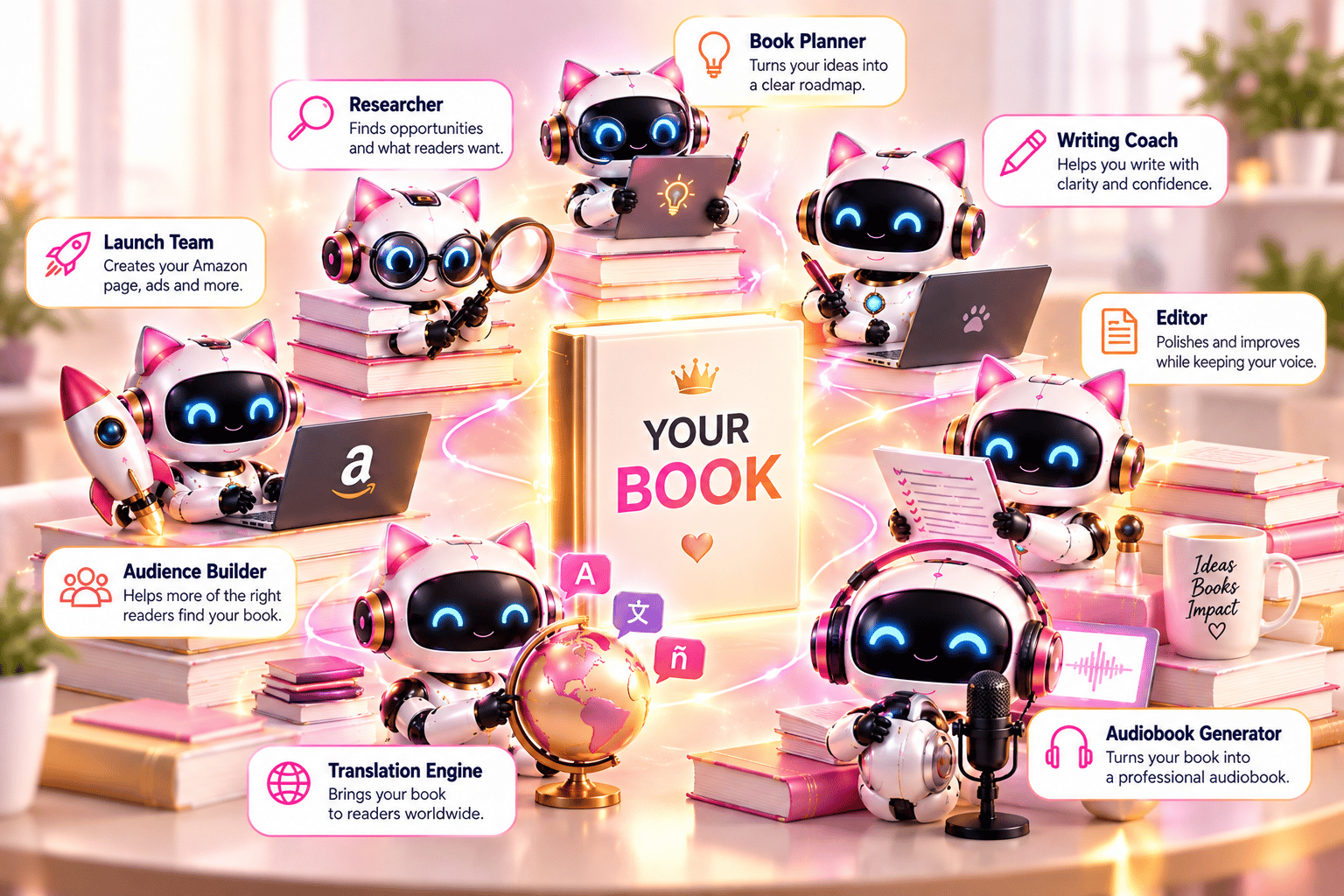 Your AI Book Publishing Team: Researcher finds opportunities and what readers want. Book Planner turns your ideas into a clear roadmap. Writing Coach helps you write with clarity and confidence. Editor polishes and improves while keeping your voice. Audiobook Generator turns your book into a professional audiobook. Audience Builder helps more of the right readers find your book. Translation Engine brings your book to readers worldwide. Launch Team creates your Amazon page, ads and more. All working together on YOUR book.
