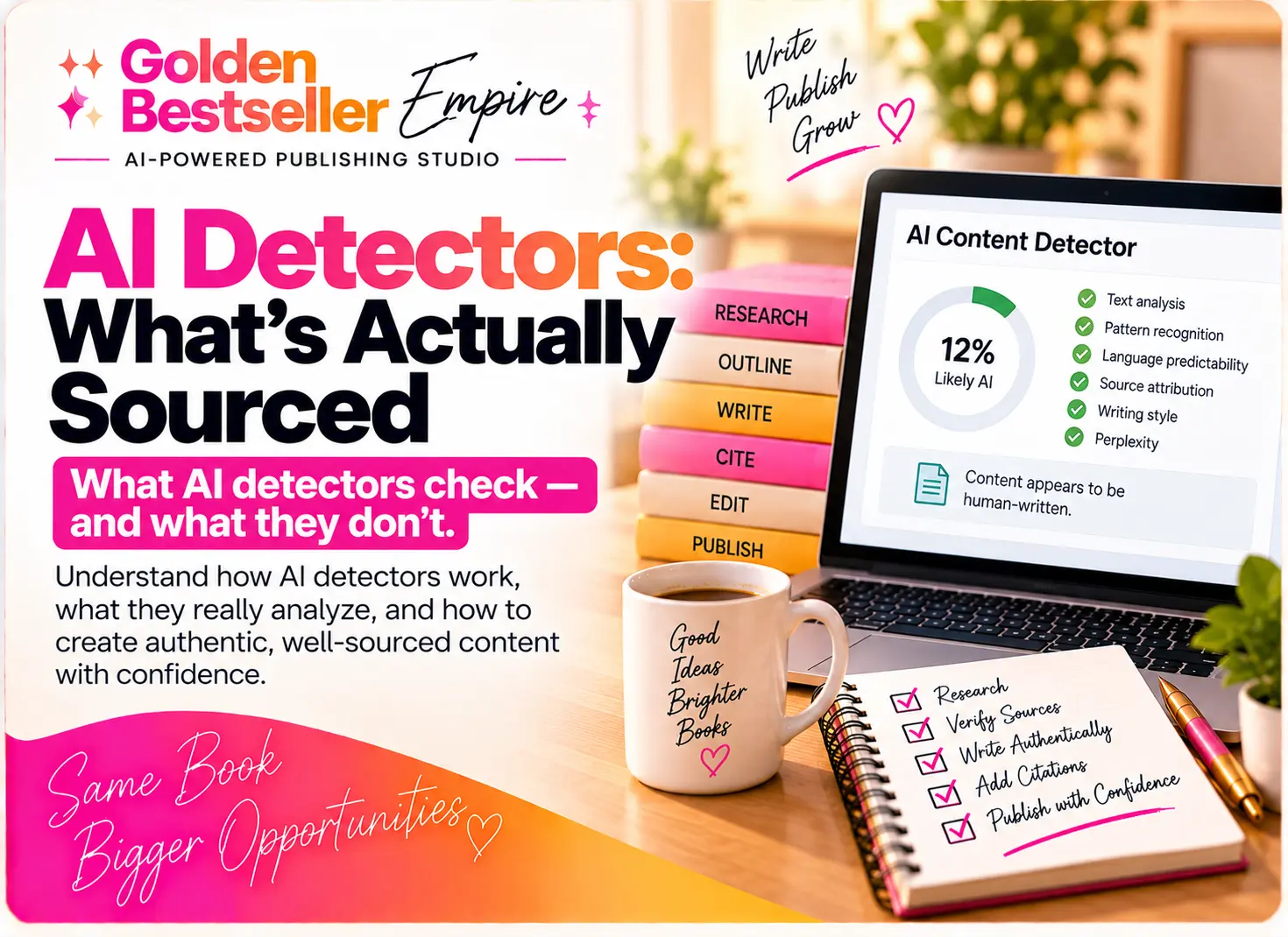 AI detectors sourced guide cover by Gundi Gabrielle of Golden Bestseller Empire, showing a laptop with an AI content detector screen, stacked books labeled research, outline, write, cite, edit and publish, and a checklist to verify sources and write authentically