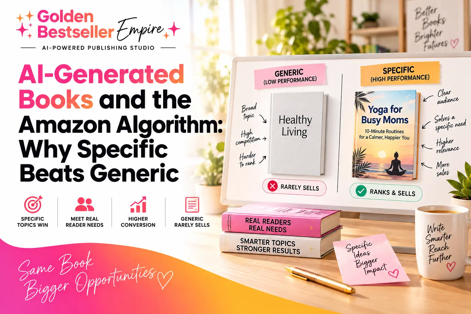AI-generated books and the Amazon algorithm guide cover by Gundi Gabrielle of Golden Bestseller Empire, comparing a generic book that rarely sells with a specific book that ranks and sells