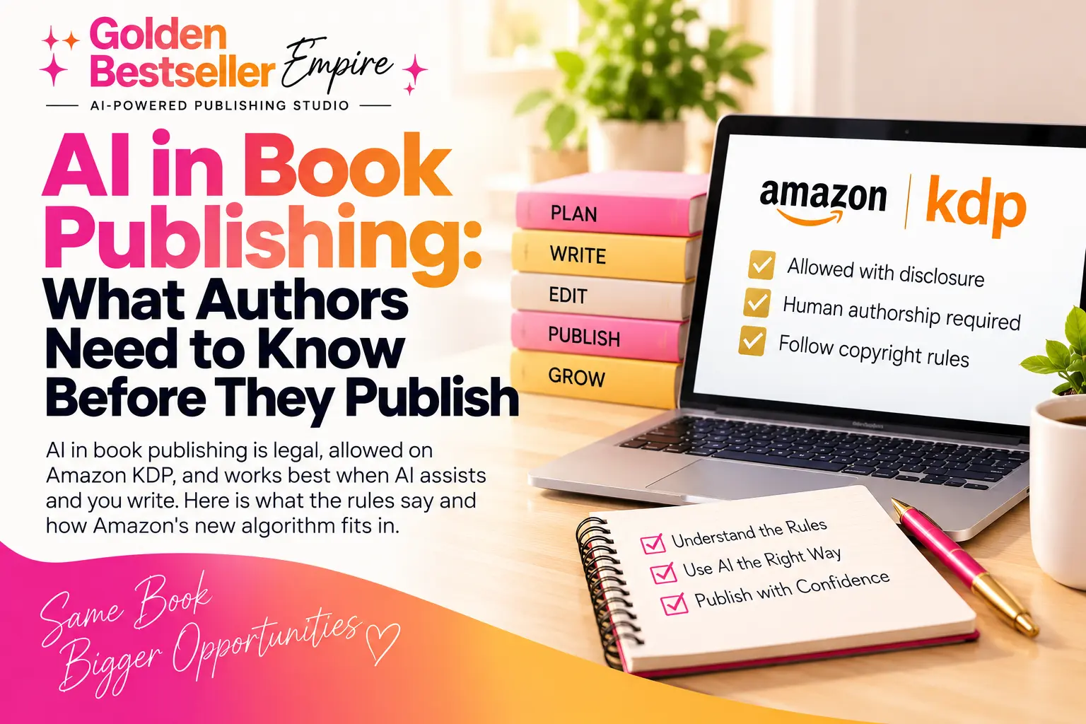 AI in book publishing guide cover by Gundi Gabrielle of Golden Bestseller Empire, showing stacked books labeled plan, write, edit, publish and grow beside a laptop with an Amazon KDP checklist: allowed with disclosure, human authorship required, follow copyright rules