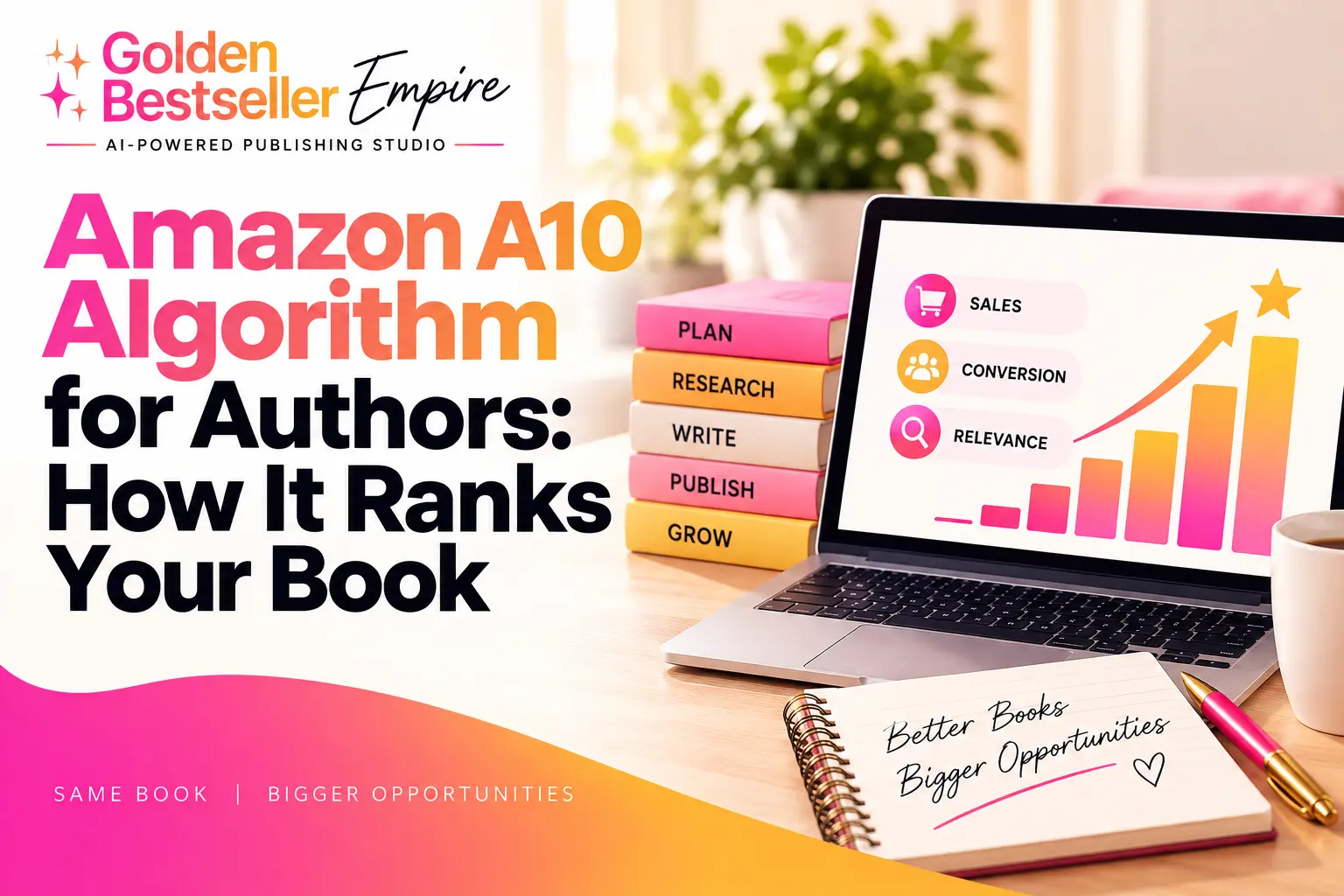 Amazon A10 algorithm guide cover by Gundi Gabrielle of Golden Bestseller Empire, showing sales, conversion and relevance on a laptop beside a stack of books labeled plan, research, write, publish and grow
