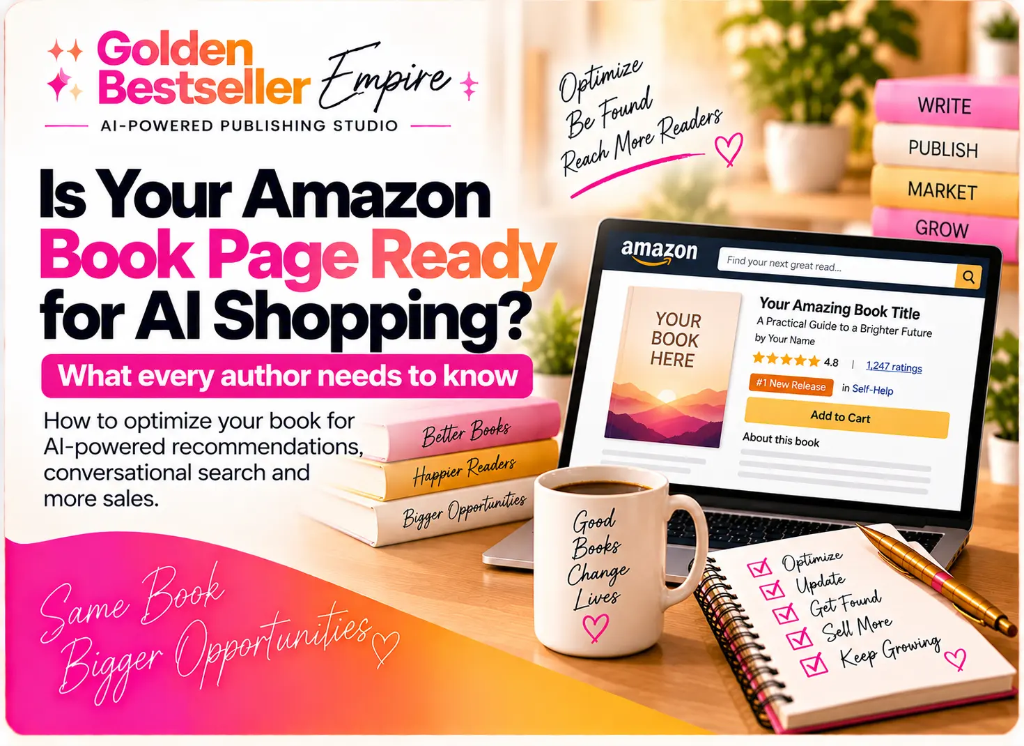 Amazon book page and AI shopping guide cover by Gundi Gabrielle of Golden Bestseller Empire, showing a laptop with a sample book page, stacked books, and a checklist to optimize, update, get found, sell more, and keep growing