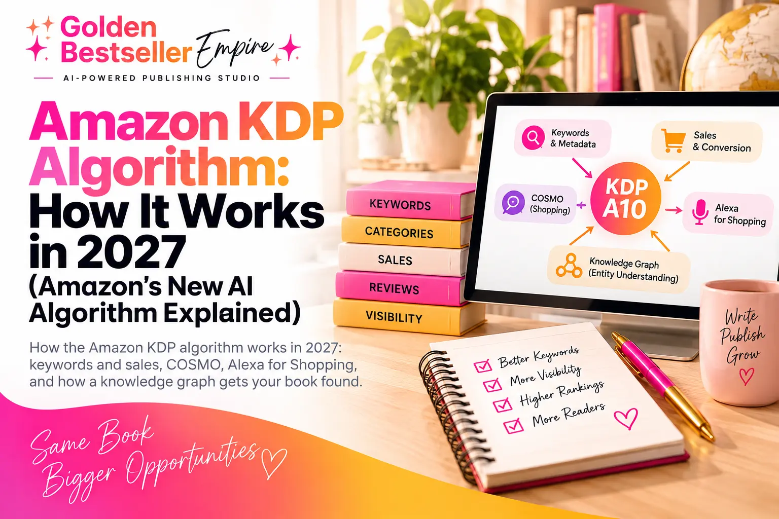 Amazon KDP algorithm guide cover by Gundi Gabrielle of Golden Bestseller Empire, showing a diagram of keywords, sales, COSMO, Alexa for Shopping and a knowledge graph around KDP A10 on a laptop beside a stack of books and a checklist notebook