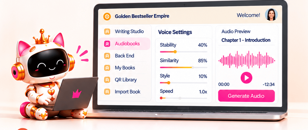 Audiobook Generator in Gundi Gabrielle’s Golden Bestseller Empire: a crowned AI assistant beside a laptop with audiobook voice settings for stability, similarity, style and speed, plus an audio preview waveform and Generate Audio control.