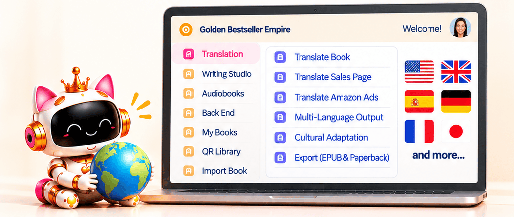 Translation App in Gundi Gabrielle’s Golden Bestseller Empire: a crowned AI assistant holding a globe beside a laptop showing options to translate a book, sales page, Amazon Ads, multi-language output, cultural adaptation, and EPUB or paperback export, with international flags.