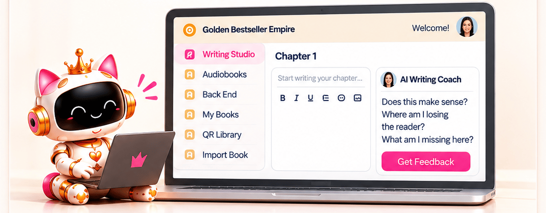 Writing and Formatting App in Gundi Gabrielle’s Golden Bestseller Empire: a crowned AI assistant beside a laptop showing the Writing Studio, Chapter 1 editor, AI Writing Coach feedback panel, audiobook navigation, book management, QR Library, Import Book, and Get Feedback controls.