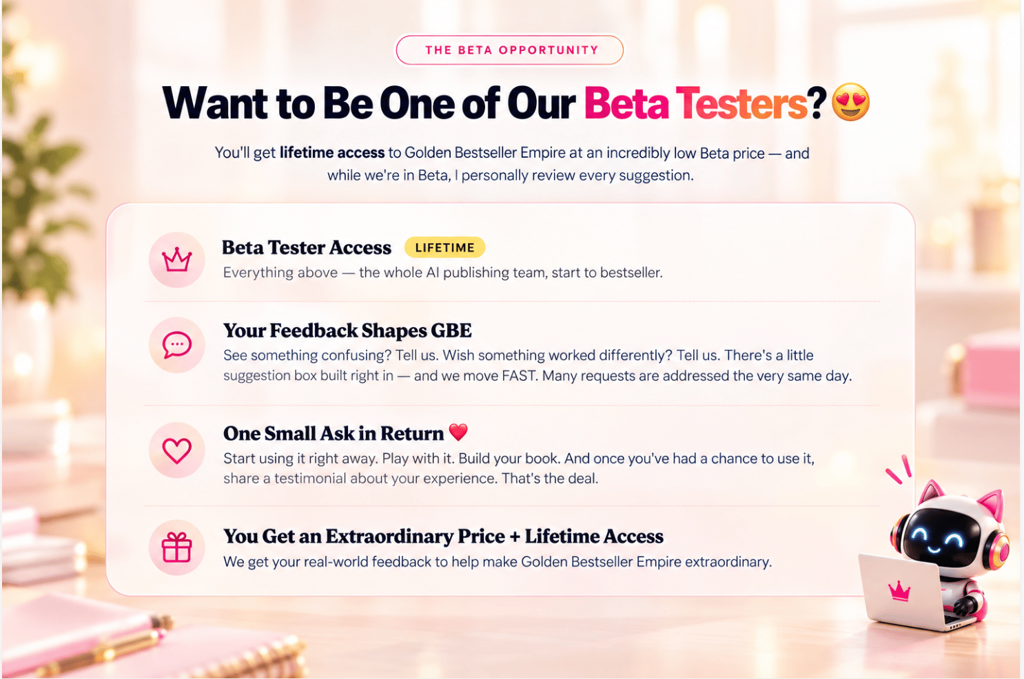 Golden Bestseller Empire Beta opportunity with four membership benefits and a friendly AI publishing assistant working on a laptop.