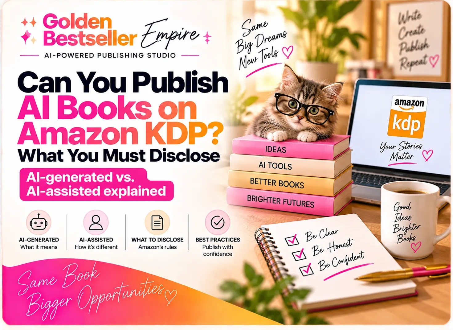 Can you publish AI books on Amazon KDP guide cover by Gundi Gabrielle of Golden Bestseller Empire, showing a kitten with glasses on a stack of books, a laptop, and a checklist to be clear, be honest, and be confident about AI-generated versus AI-assisted disclosure