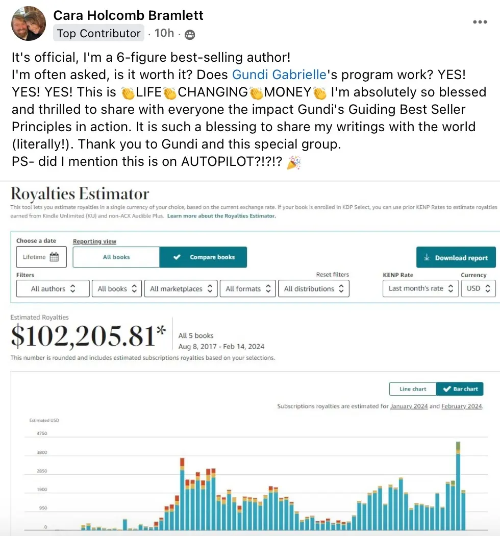 Cara Bramlett's real KDP Royalties Estimator screenshot showing $102,205.81 in lifetime estimated royalties across all 5 books, August 2017 to February 2024