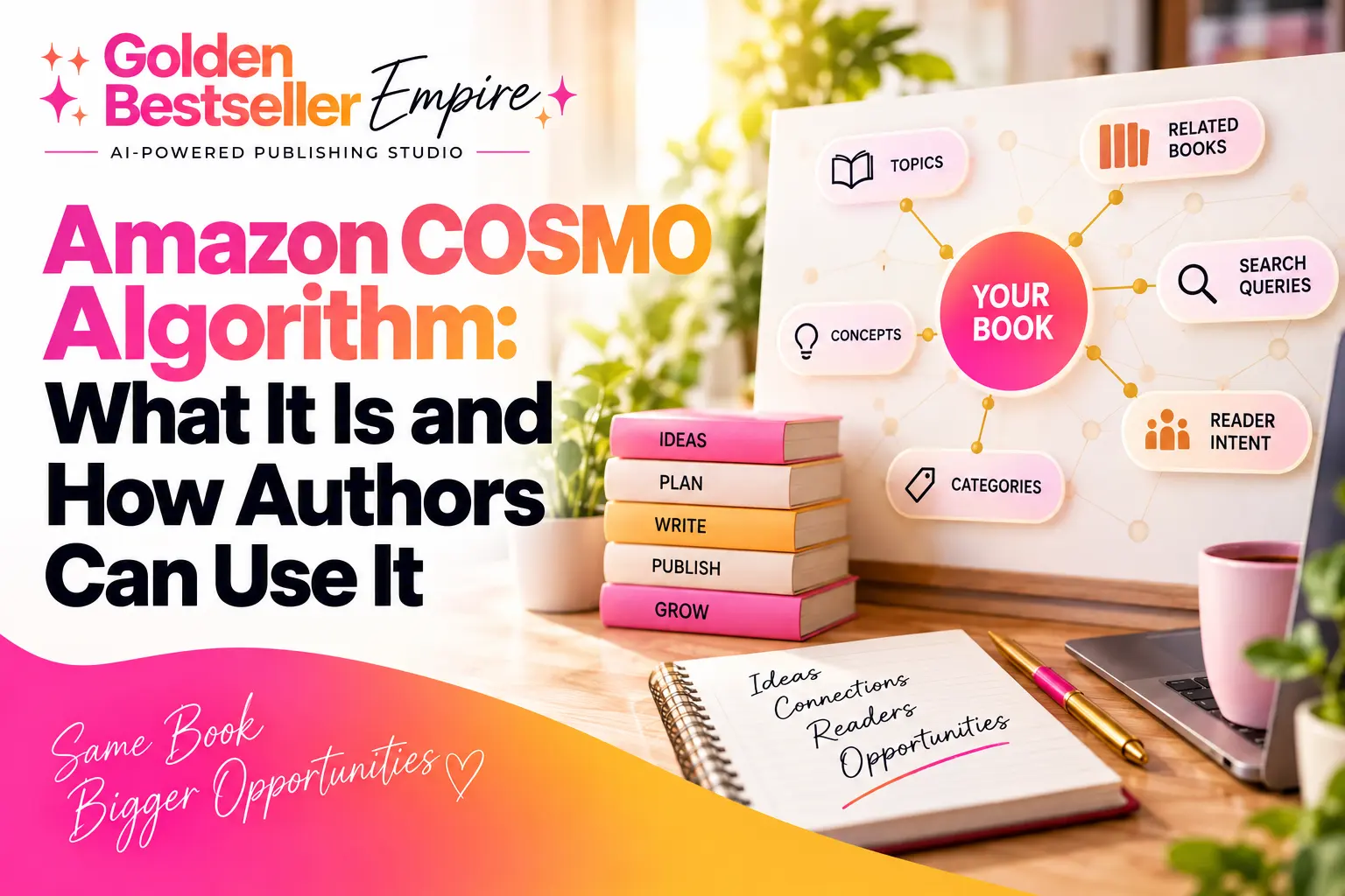 Amazon COSMO algorithm guide cover by Gundi Gabrielle of Golden Bestseller Empire, showing a knowledge graph with your book at the center connected to topics, related books, search queries, concepts, reader intent and categories