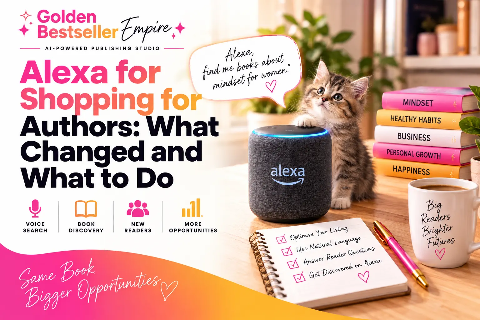 COSMO and Alexa for Shopping guide cover by Gundi Gabrielle of Golden Bestseller Empire, showing a kitten with an Alexa speaker and a reader asking Alexa to find books about mindset for women beside stacked books and a checklist notebook